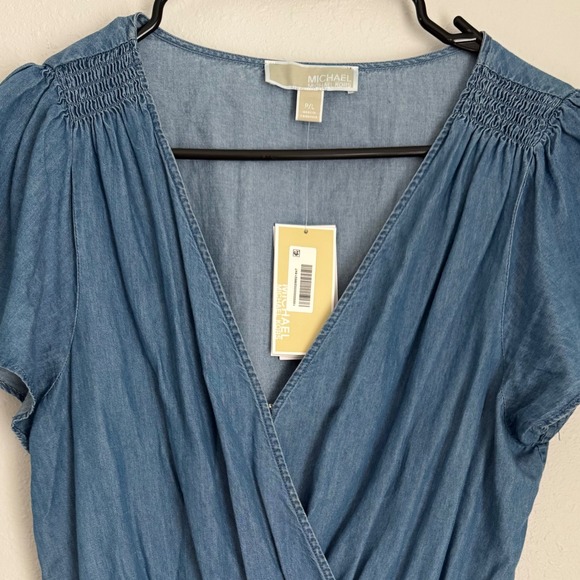 Michael Kors Denim Dress Womens Petite Large Short Sleeve Ruffle V Neck Casual - Picture 1 of 8
